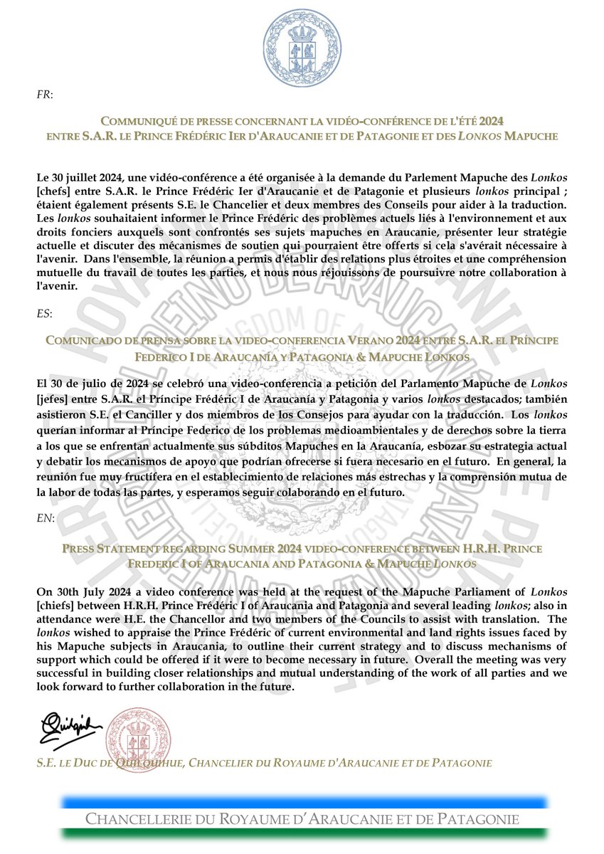 APchancellerie's tweet photo. FR:  Communiqué de presse concernant la vidéo-conférence de l'été 2024 entre S.A.R. le Prince Frédéric Ier d'Araucanie et de Patagonie et des Lonkos Mapuche
#Araucanie #Patagonie #Argentine #Argentina #Araucania #Patagonia #Mapuche #Kingdom #Wallmapu #RoyaumeAraucaniePatagonie https://t.co/atLOFoukEL
