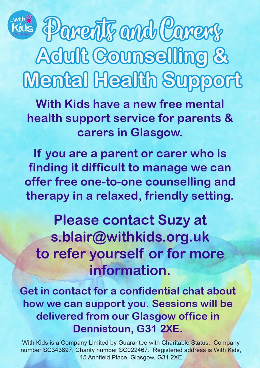We are delighted to announce that we have a new free mental health service for parents and carers. Get in contact at the details below to refer yourself or to find out more. Sessions will take place at our Glasgow office in Dennistoun.😀