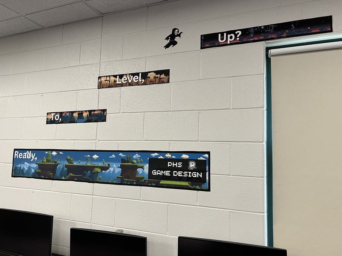 New Game Design class poster is up in the room. Very happy with how it turned out, and excited to get to add screen captures of my Ss platformer's in the future to make it even better.