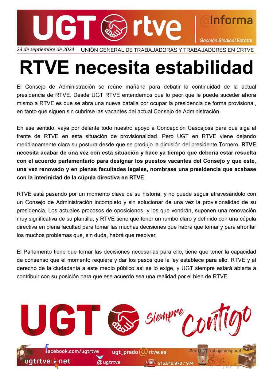 Mañana se reúne el Consejo de Administración de <a href="/rtve/">RTVE</a> para debatir sobre la presidencia de Concepción Cascajosa, cuya continuidad <a href="/UGTRTVE/">UGT RTVE</a> apoya mientras  no se produzca la NECESARIA renovación parlamentaria del Consejo:
👇👇👇
 ugtrtve.net/images/descarg…