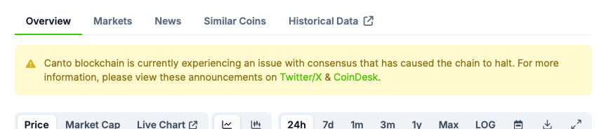 Submitting request to remove "chain halt" warning on Canto Network's <a href="/coingecko/">CoinGecko</a> page.

Ticket: 80813
Geckoterminal: geckoterminal.com/canto/pools