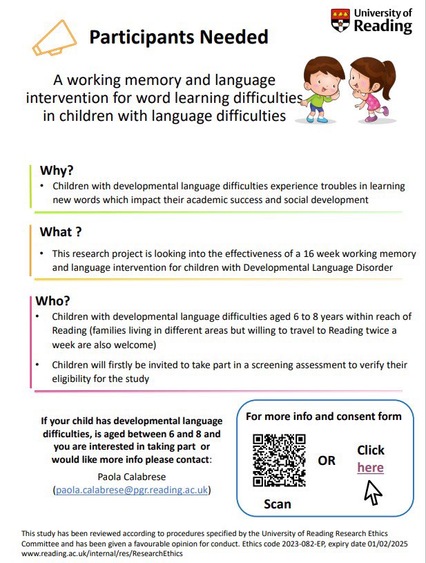 Paola Calabrese (@calabpaola) on Twitter photo We are still recruiting children with language difficulties aged 6-8 years for a study at the University of Reading consisting in a 16 week intervention for word learning.
Info on uor-redcap.reading.ac.uk/surveys/?s=WE7… or QR code below
<a href="/EmmaPagnamenta/">Emma Pagnamenta</a> <a href="/DLDandMe/">DLDandMe</a> <a href="/Engage_DLD/">Engage with Developmental Language Disorder</a> We are still recruiting children with language difficulties aged 6-8 years for a study at the University of Reading consisting in a 16 week intervention for word learning.
Info on uor-redcap.reading.ac.uk/surveys/?s=WE7… or QR code below
<a href="/EmmaPagnamenta/">Emma Pagnamenta</a> <a href="/DLDandMe/">DLDandMe</a> <a href="/Engage_DLD/">Engage with Developmental Language Disorder</a>