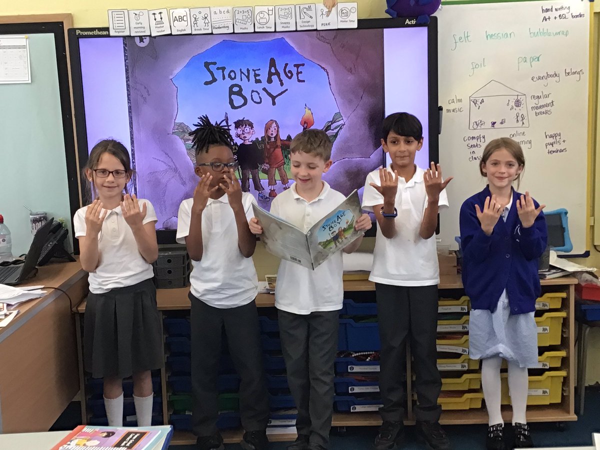 PelhamYear3's tweet photo. In honour of International Day of Sign Languages, we thought we would share with you some signs we have learnt to tell the story of our core text ‘Stone Age Boy’. 🔥@PelhamPrimary_ @trustilluminate https://t.co/7F1MOfqkED