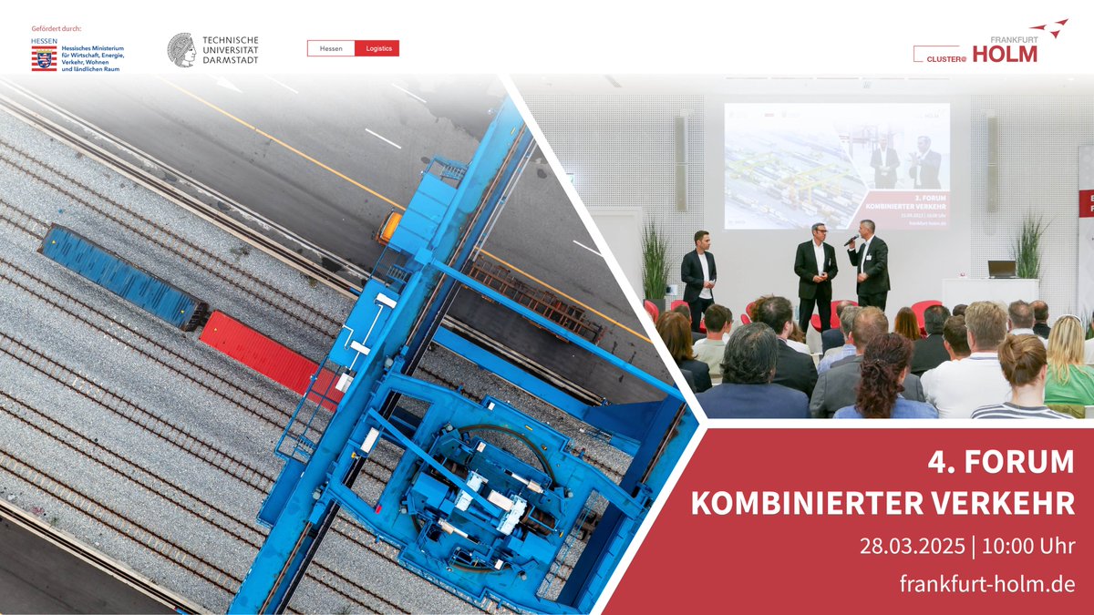 SAVE THE DATE: 4. Forum #KombinierterVerkehr am 28. März 2025!

Und wie immer, laden unser Cluster #HessenLogistics und das Fachgebiet Unternehmensführung und Logistik – Technische Universität Darmstadt gemeinsam ins HOLM ein.
Infos zum Programm folgen rechtzeitig