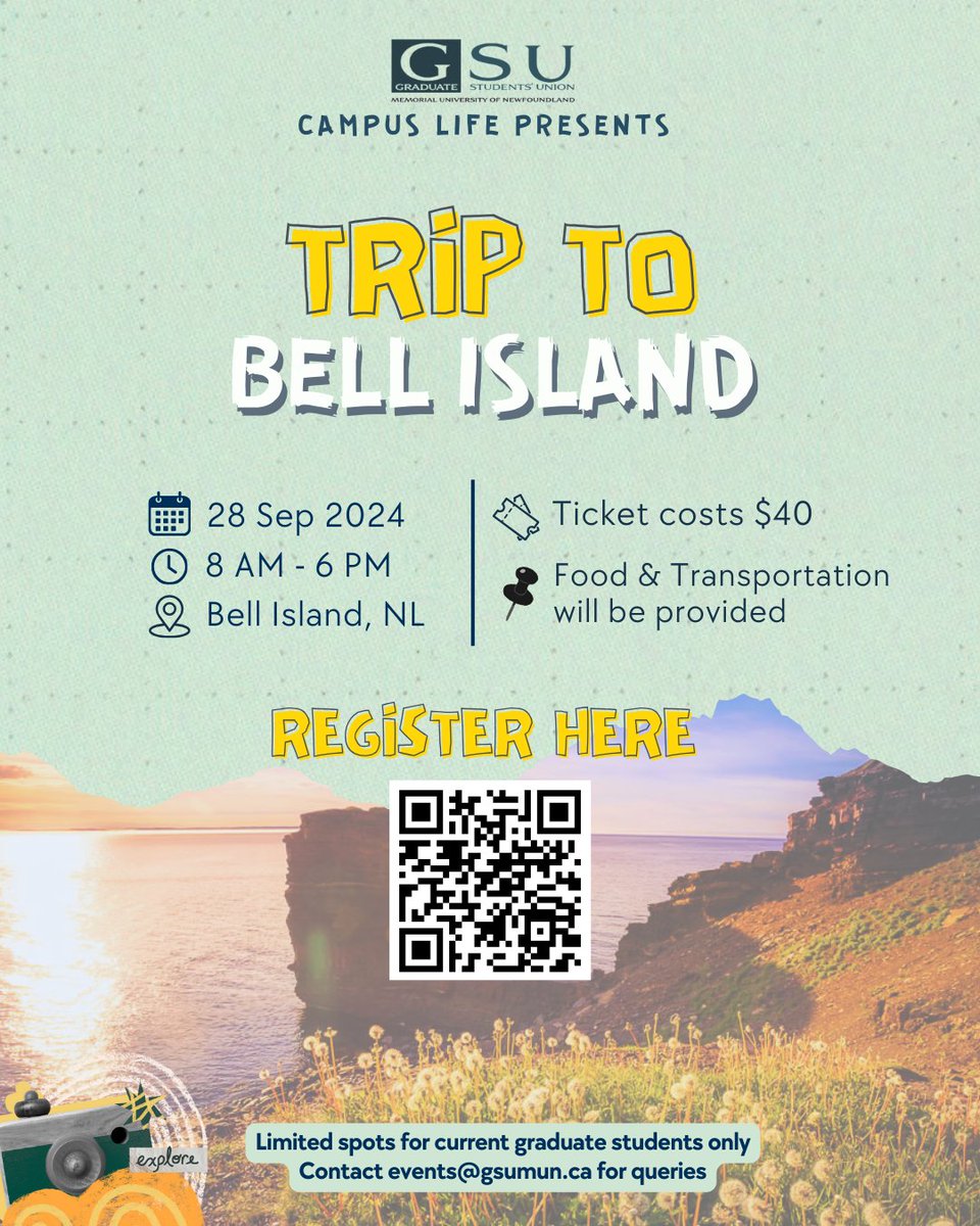 GSU is organizing an amazing trip to Bell Island on September 28 (Saturday) from 8 AM! Join us for an exciting adventure! 

👉 A $40 registration fee is required (details in the link). Please follow the steps in the Form to register: forms.gle/nGU3PnnxWS2Ucy…