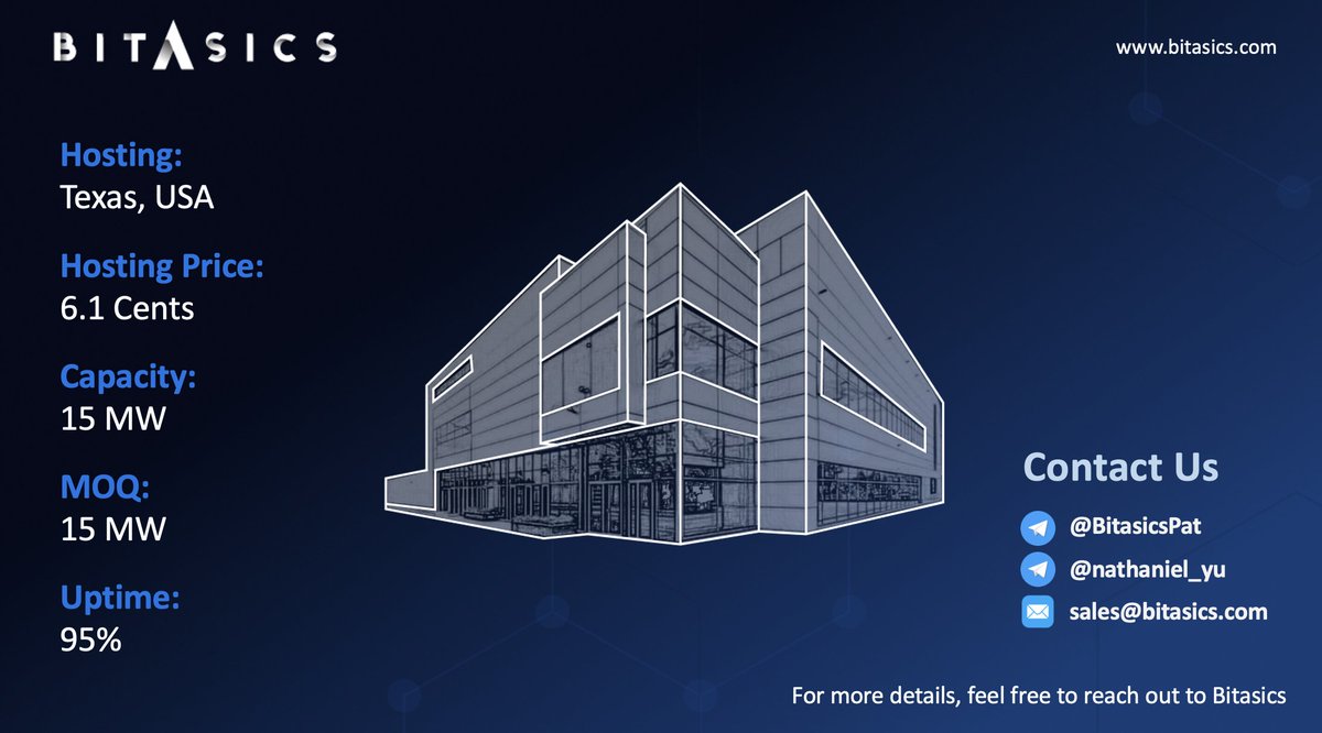 Bitasics's tweet image. #Bitasics has a hosting site available in Texas, USA. Feel free to reach out to us for more details. #Bitcoin #BTC #CryptoMining