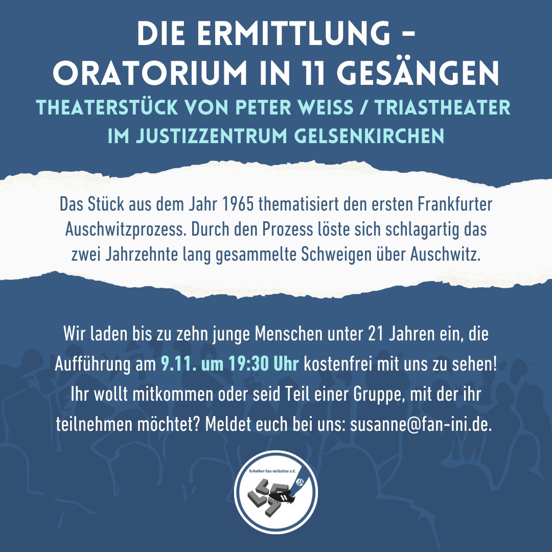 schalkerfanini's tweet photo. Kommt mit uns ins Theater! Wir laden bis zu zehn junge Menschen unter 21 Jahren ein, am 9.11. um 19:30 Uhr die Aufführung „Die Ermittlung - Oratorium in 11 Gesängen“ vom triastheater mit uns zu besuchen. https://t.co/McyjZ3Kmsy