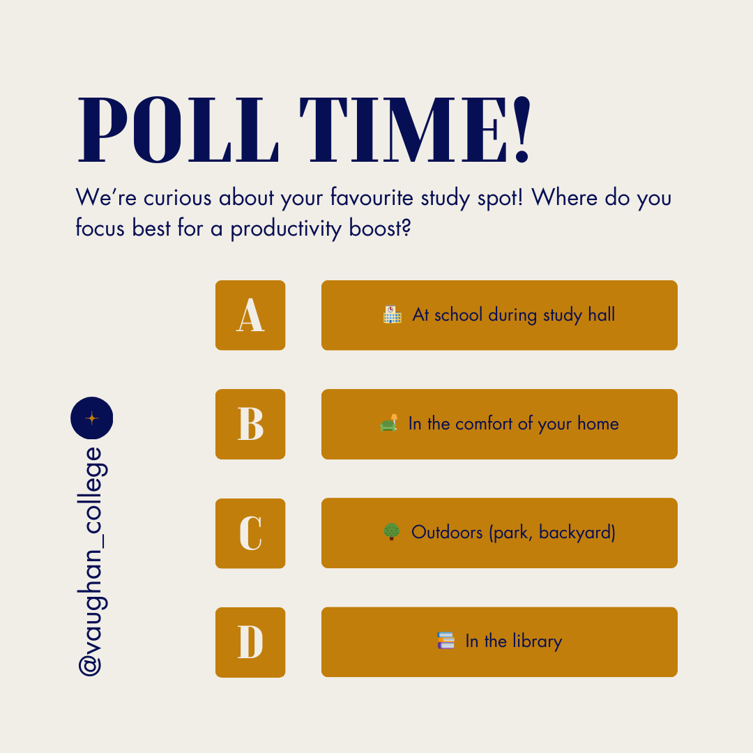 VaughanCollege's tweet photo. Happy new week everyone! Where do you get your best study vibes? Let us know your favourite spot for boosting productivity! Drop your pick from the options below in the comments! #StudySmart #StudentSuccess #studentlife #highschool #explorepage #vaughancollege #ontariohighschool https://t.co/J39JVbFkbK