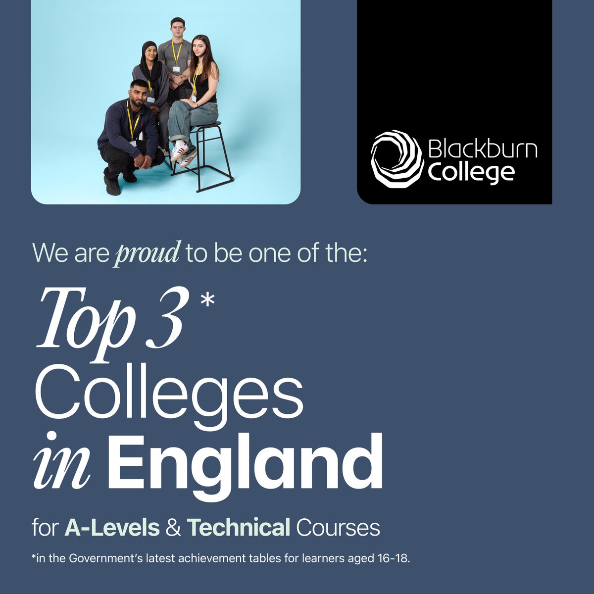 We’re one of the top three college in England!

This comes after an announcement in the official Government tables for learners aged 16 to 18.

This is a great achievement and we’re extremely proud of this ranking 👏

#TopThree #BlackburnCollege #NationalTable 🌟