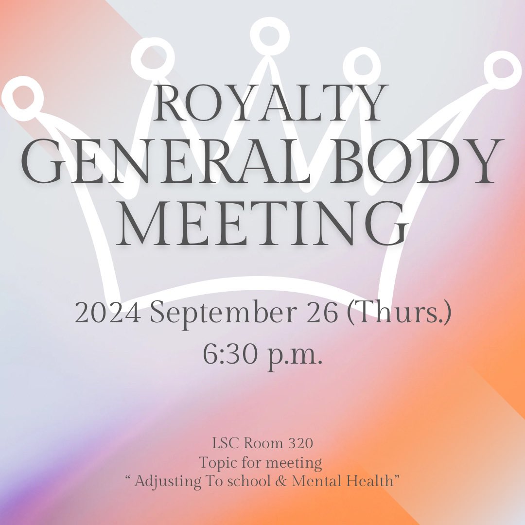 Hey ladies! 🌸 
Just a reminder that our General Body Meeting is happening this Thursday at 6:30 PM in LSC Room 320 ! We’ll be discussing two important topics: Adjusting to classes and Mental health. This is a great opportunity to share, learn, and support each other. 💕