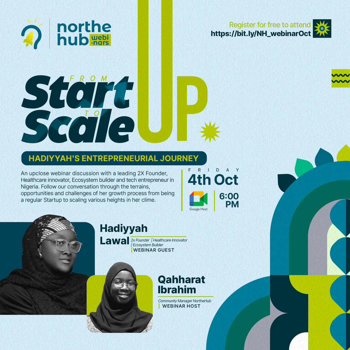 northehub's tweet photo. Join Our Fireside Chat with Hadiyyah Lawal Co-founder of @path4herhq 

From startup to scale-up, learn how she turned her vision into reality! 💡
📅 4th October, 2024
🕑 6 pm prompt
Don’t miss out! Register now ⬇️
https://t.co/Z5tmMdsQa5
#ScaleUp #Entrepreneurship #Innovation https://t.co/pKzWKWwR9W