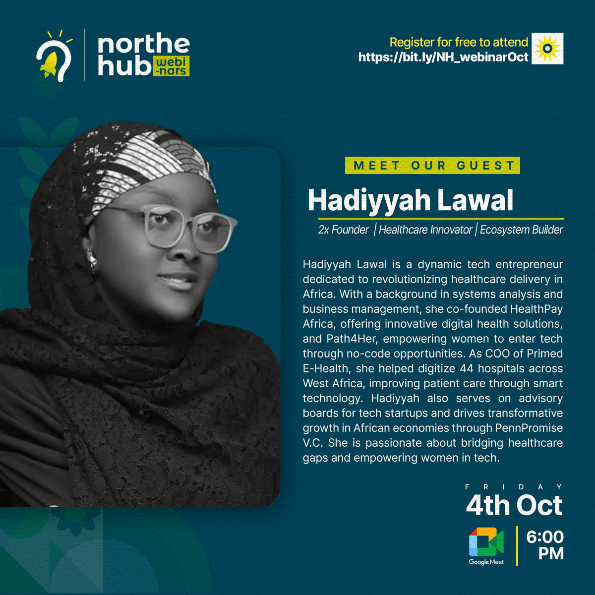 northehub's tweet photo. Join Our Fireside Chat with Hadiyyah Lawal Co-founder of @path4herhq 

From startup to scale-up, learn how she turned her vision into reality! 💡
📅 4th October, 2024
🕑 6 pm prompt
Don’t miss out! Register now ⬇️
https://t.co/Z5tmMdsQa5
#ScaleUp #Entrepreneurship #Innovation https://t.co/pKzWKWwR9W