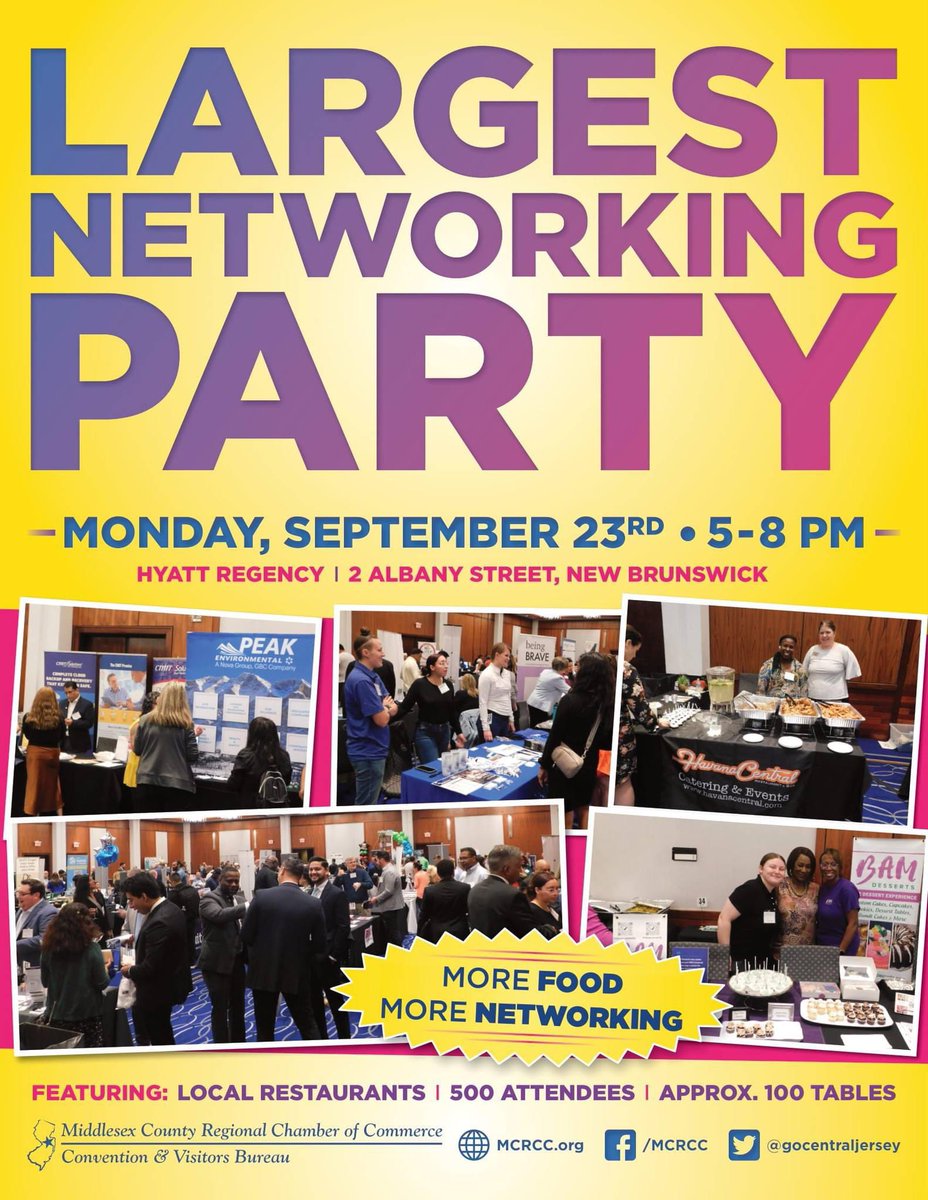 HAPPENING TONIGHT: The LNP Networkfest returns!

Join us for Central Jersey’s Premiere Business &amp; Networking Expo at the Hyatt Regency New Brunswick on September 23 from 5-8 PM.

Register at mcrcc.org/event/the-larg…

#MCRCC #networking #networkingevent