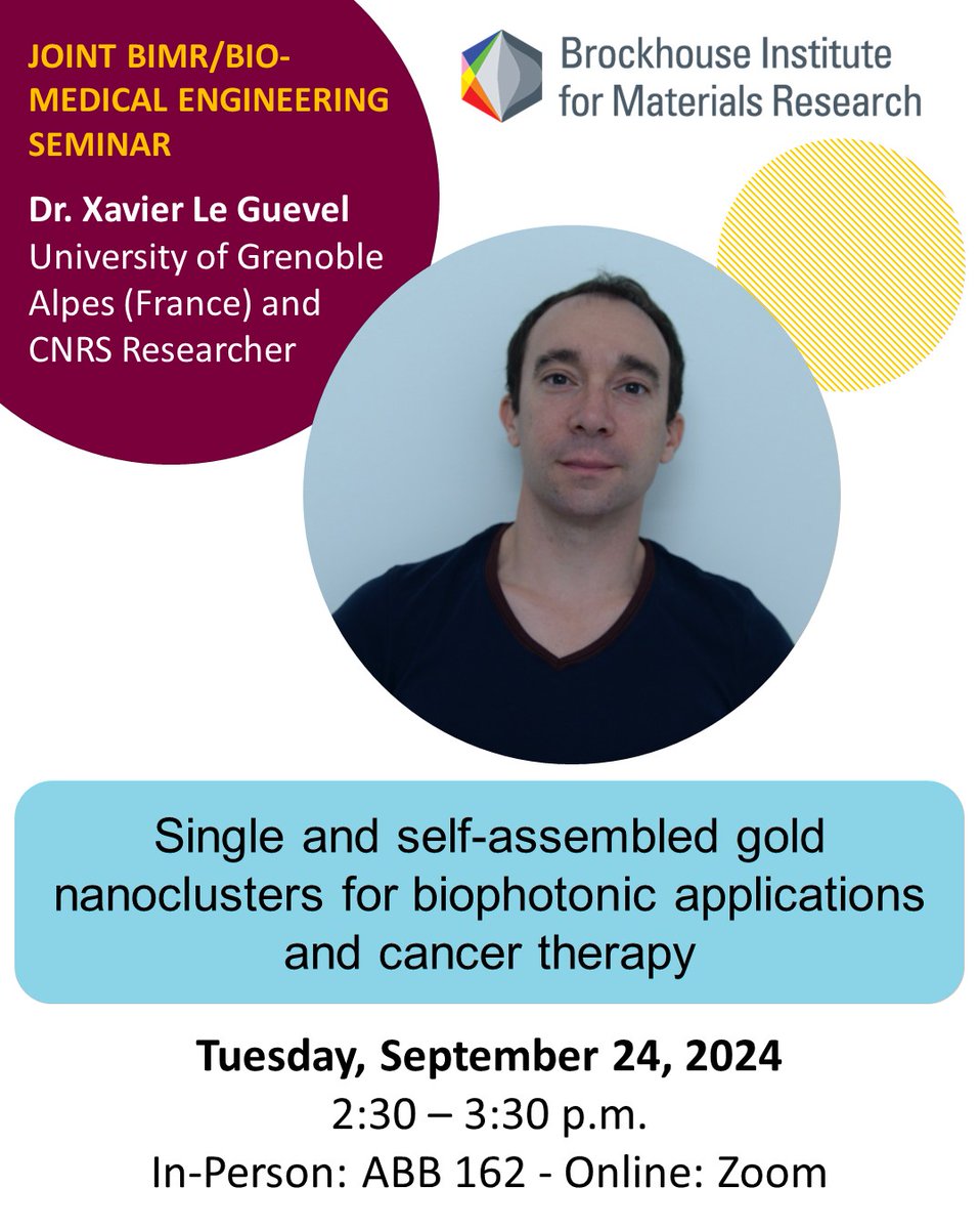 This week our seminar is exceptionally on Tuesday Sept 24, and co-hosted with the Biomedical Engineering Department. Join us tomorrow at 2.30pm in ABB 162, to hear from Dr. Xavier Le Guevel from the University of Grenoble, France. brockhouse.mcmaster.ca/events/single-…