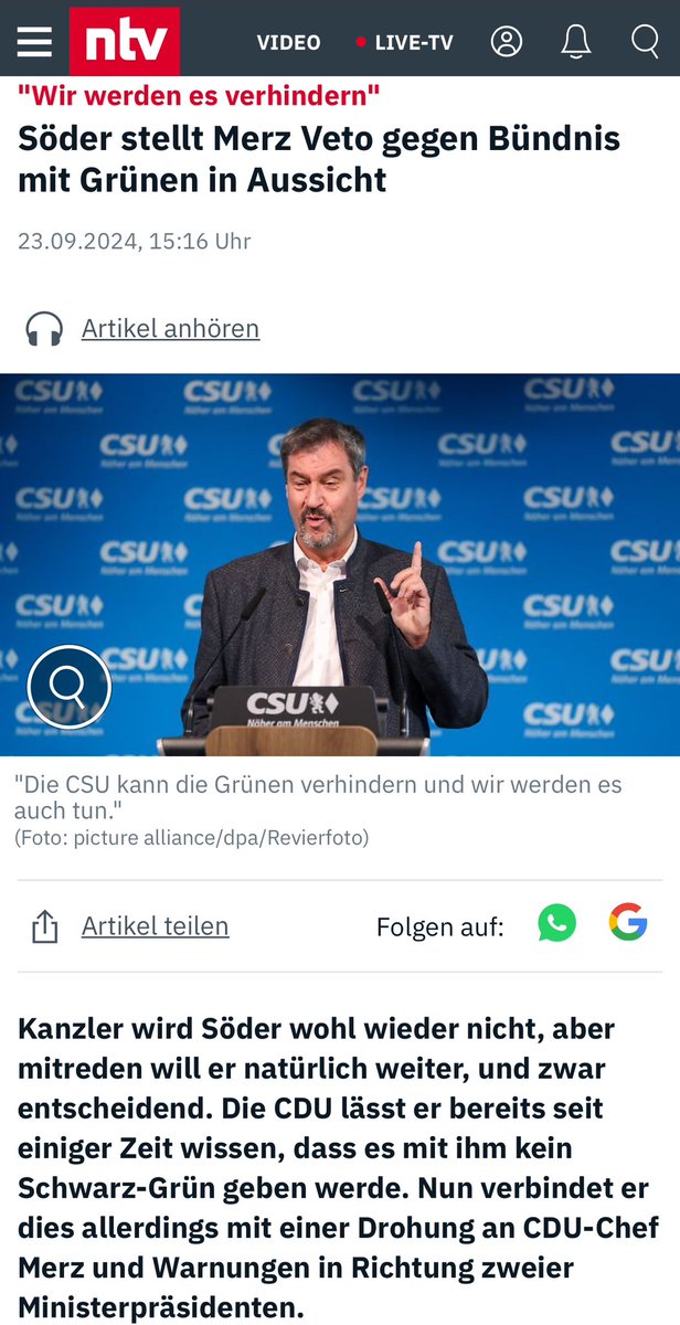 Das ist die Botschaft von Riesenstaatsmann Söder (Strauß über Möllemann) unmittelbar nach drei LT-Wahlen mit über 40 / 50 % für die Kreml-nahen AfD und BSW. Söder hat den Schuss nicht gehört und arbeitet sich weiter an den Grünen ab. Wie lange schaut die CSU noch zu?
