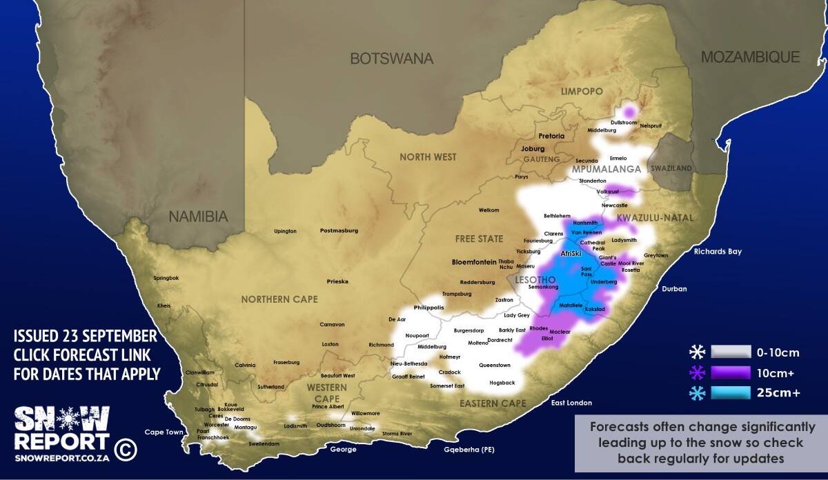❄ ADVANCE SNOW FORECAST: Very heavy low-level snowfall possible from this coming weekend - snowreport.co.za #snowreportsa #africansnow #kznsnow