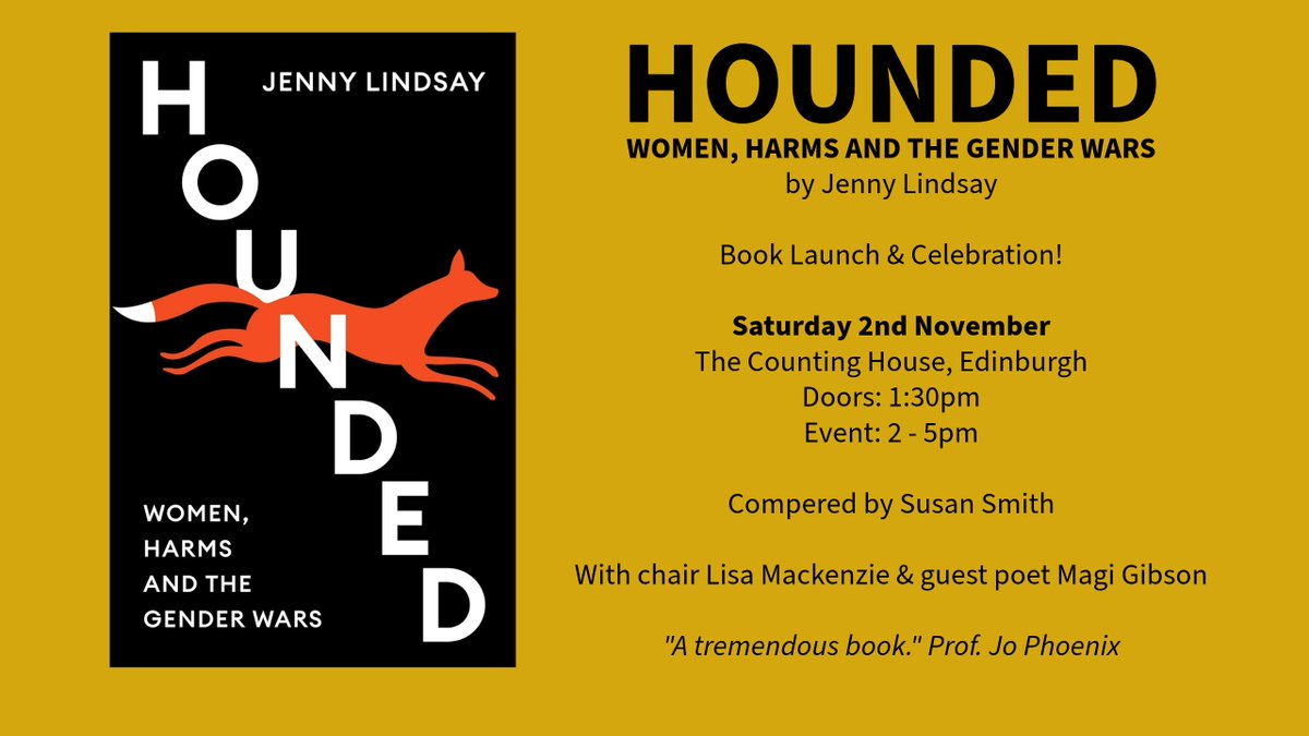 Righty-o, that's the Edinburgh launch tickets for HOUNDED on sale! This one, dear people, is both launch and CELEBRATION! Sat 2nd Nov, The Counting House. There will be reading, discussion, poetry &amp; a stupid raffle. Plus normal book launch things! 🦊

TIX: bit.ly/3BfXq4p
