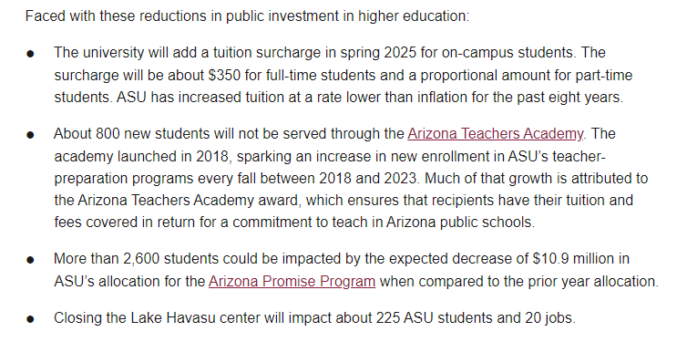 Andrew Onodera (@andrewonodera) on Twitter photo JUST IN: <a href="/ASU/">Arizona State University</a> details how it will handle $24 Million in cuts from state funding.
Some changes include a $350 tuition surcharge for on-campus students next semester and the closure of the Lake Havasu center.
From the release: JUST IN: <a href="/ASU/">Arizona State University</a> details how it will handle $24 Million in cuts from state funding.
Some changes include a $350 tuition surcharge for on-campus students next semester and the closure of the Lake Havasu center.
From the release: