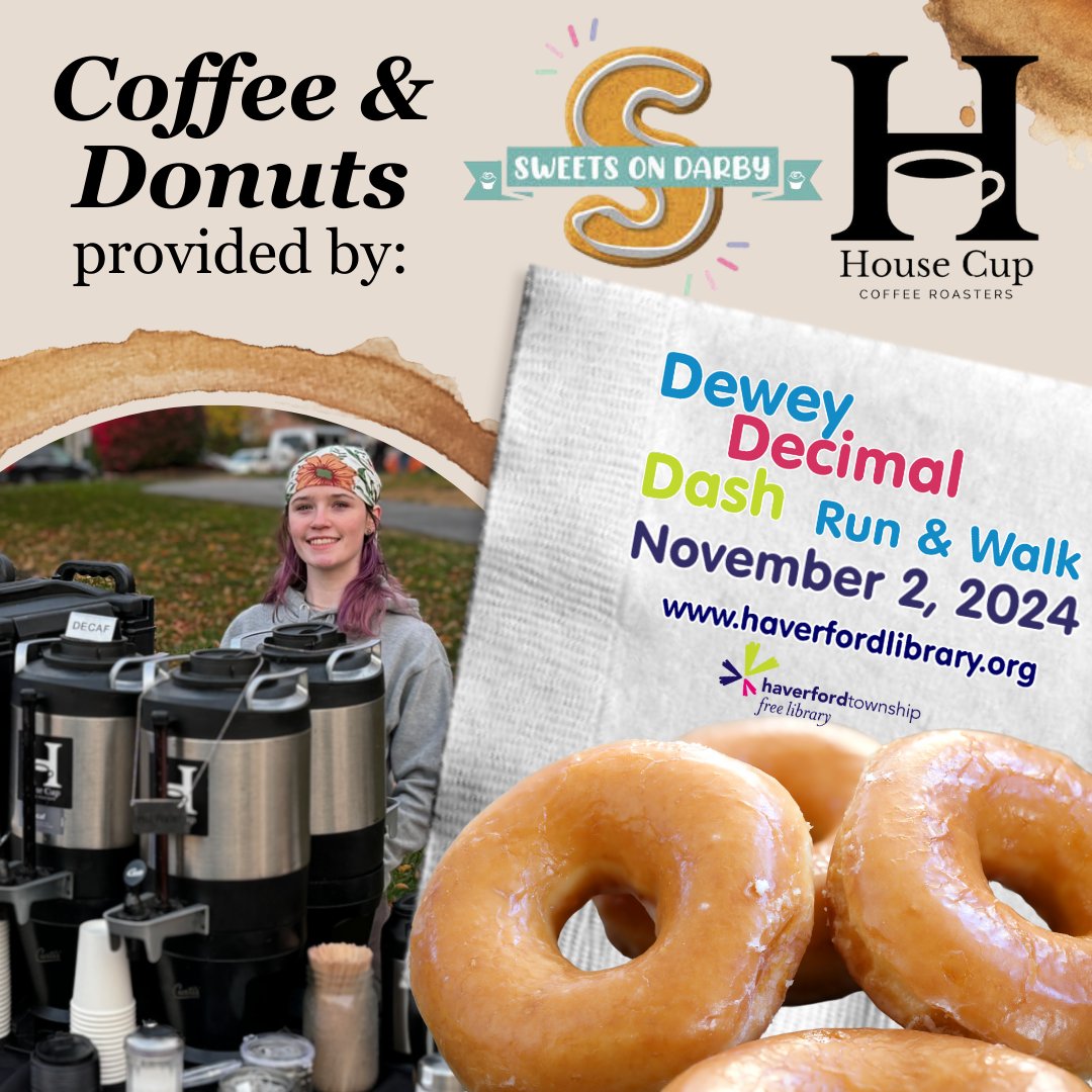 ☕🍩Thank you to House Cup Coffee &amp; <a href="/SweetsOnDarby/">Sweets On Darby Bakery</a> for providing coffee &amp; donuts at our Dewey Decimal Dash on November 2!🏃‍♀️📚 Support your local library while enjoying some local treats!
haverfordlibrary.org/dewey
📷Photo courtesy of Joel Perlish
#htfl #htflevents #deweydecimaldash