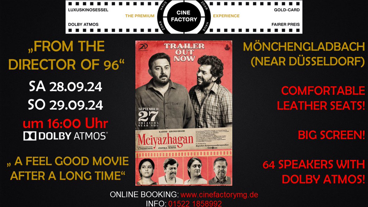 TiviArj's tweet photo. #Meiyazhagan in Germany 🇩🇪 Don’t miss it! Book your tickets now: https://t.co/13t9rQV8un @Karthi_Offl @dirpremkumar96 @2D_ENTPVTLTD https://t.co/TMfc7zjDUF
