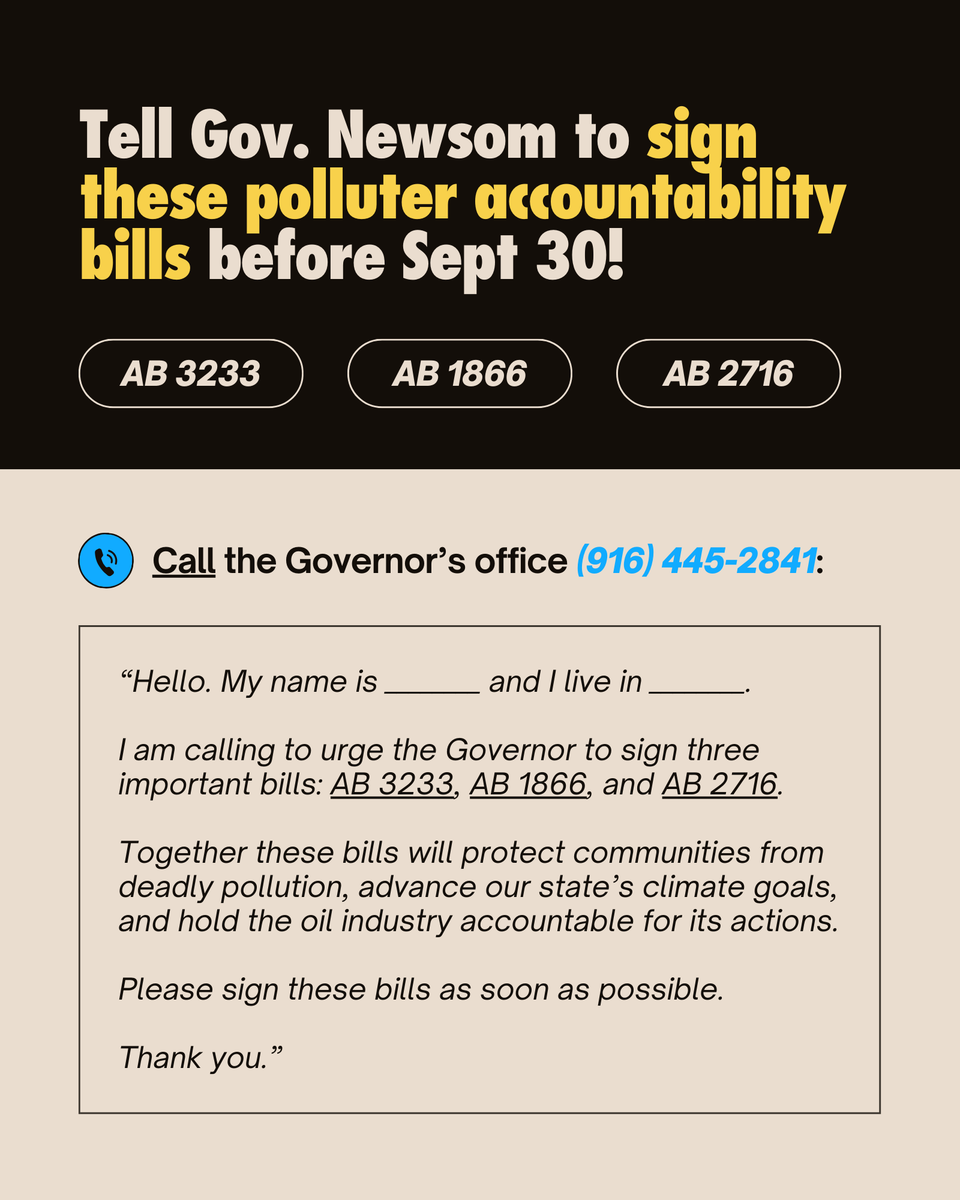 LastChance_CA's tweet photo. The California legislature has passed 3 critical oil and gas bills that protect local democracy, tackle the climate crisis, and defend public health. Now they await the Governor’s signature before becoming law. Call the Governor’s office today and voice your support! https://t.co/EPJ8XpevgZ