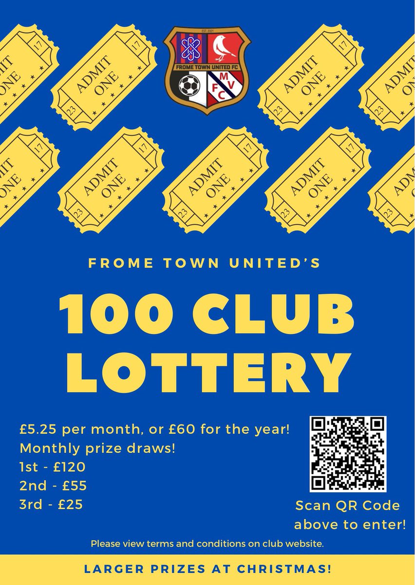 Frome Town United 100 Club Lottery is live! 

It’s very simple. Fill out the form below to be entered into a chase prize draw each month!

Please participate responsibly and don’t spend out of your limit! 

form.jotform.com/242563693663062