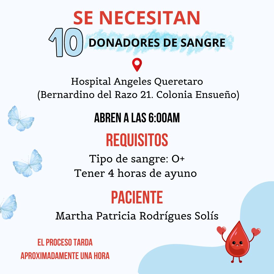 VickyRuffoWeb's tweet image. #RuffoPower urgente. 🏥Necesitamos 10 donantes de sangre para nuestra querida Paty @mayanbee99 Si eres de Querétaro o tienes algún familiar o amigo que pueda ir allá y puede donar te necesitamos para Patito. @victoriaruffo31  @braviela Por favor!!