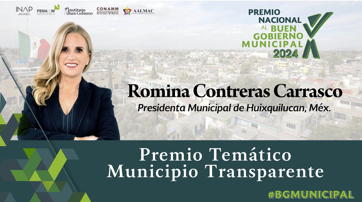 Alcaldesa de <a href="/HuixquiGob/">Gob Huixquilucan</a>, Romina Contreras <a href="/RominaCDV/">Romina Contreras</a> es galardonada con el <Premio Nacional Temático Municipio Transparente>

Se reconoce su gestión basada en transparencia, eficiencia e innovación, y especialmente el Proyecto <Plataforma Integral de Recaudación>
