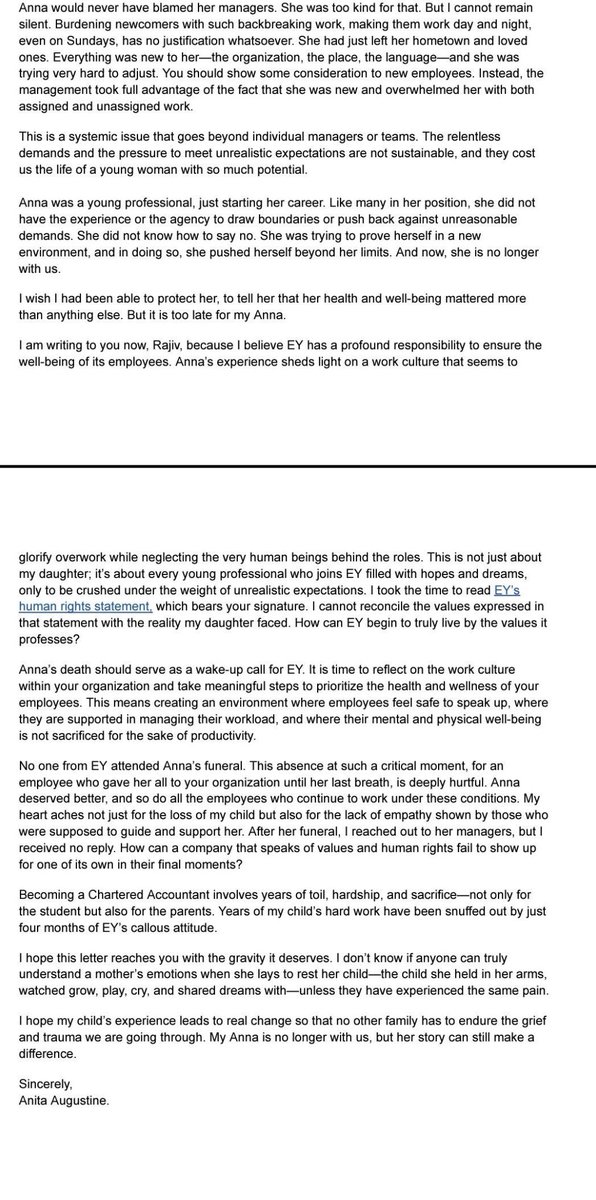 FilledWithMoney's tweet image. Anna Perayil was a 26 year old EY accountant.
She died back in July, due to work stress.
No one from EY attended her funeral.
“BuT wE’rE a FaMiLy hErE”
