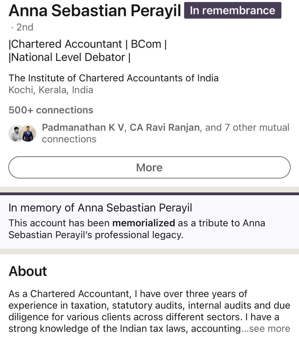 FilledWithMoney's tweet image. Anna Perayil was a 26 year old EY accountant.
She died back in July, due to work stress.
No one from EY attended her funeral.
“BuT wE’rE a FaMiLy hErE”