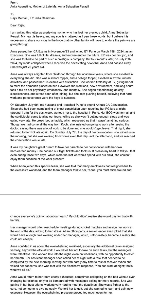 FilledWithMoney's tweet image. Anna Perayil was a 26 year old EY accountant.
She died back in July, due to work stress.
No one from EY attended her funeral.
“BuT wE’rE a FaMiLy hErE”