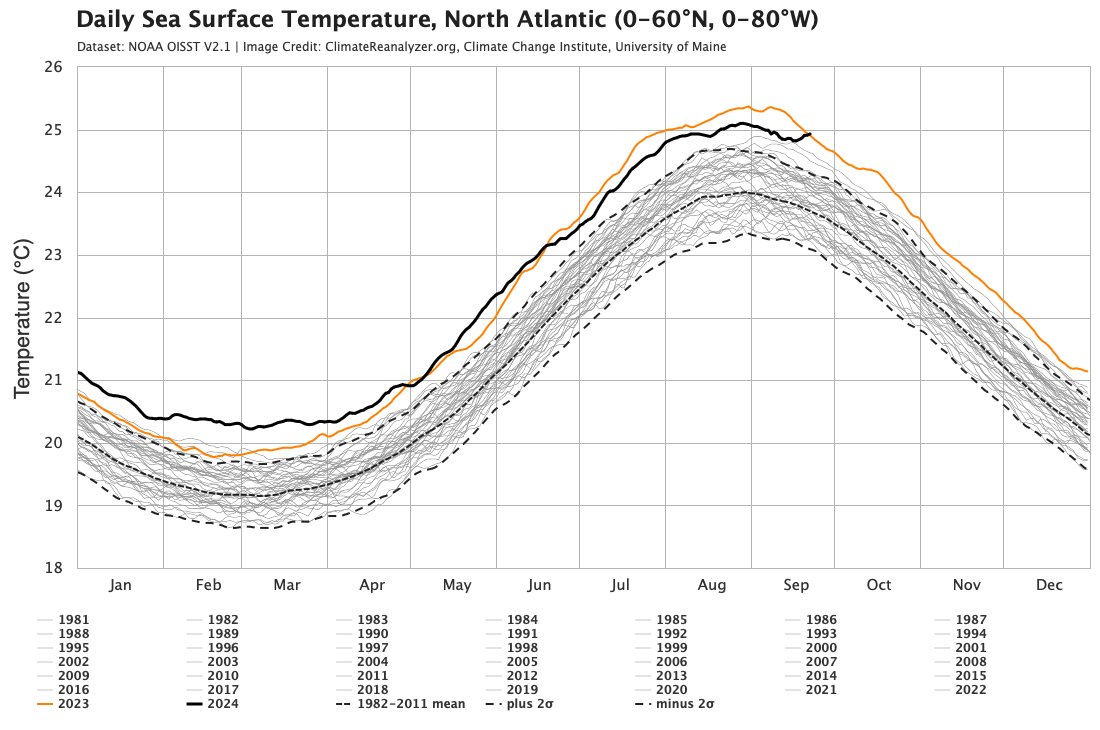 Nein, die Temperatur sollte normalerweise nicht wieder ansteigen und erst recht nicht, den Rekordwert aus 2024 überschreiten.

Nordatlantik. Temperatur. Wasseroberfläche.

#globaleErhitzung
#Klimawandel
#Klimakatastrophe 
#dontlookup