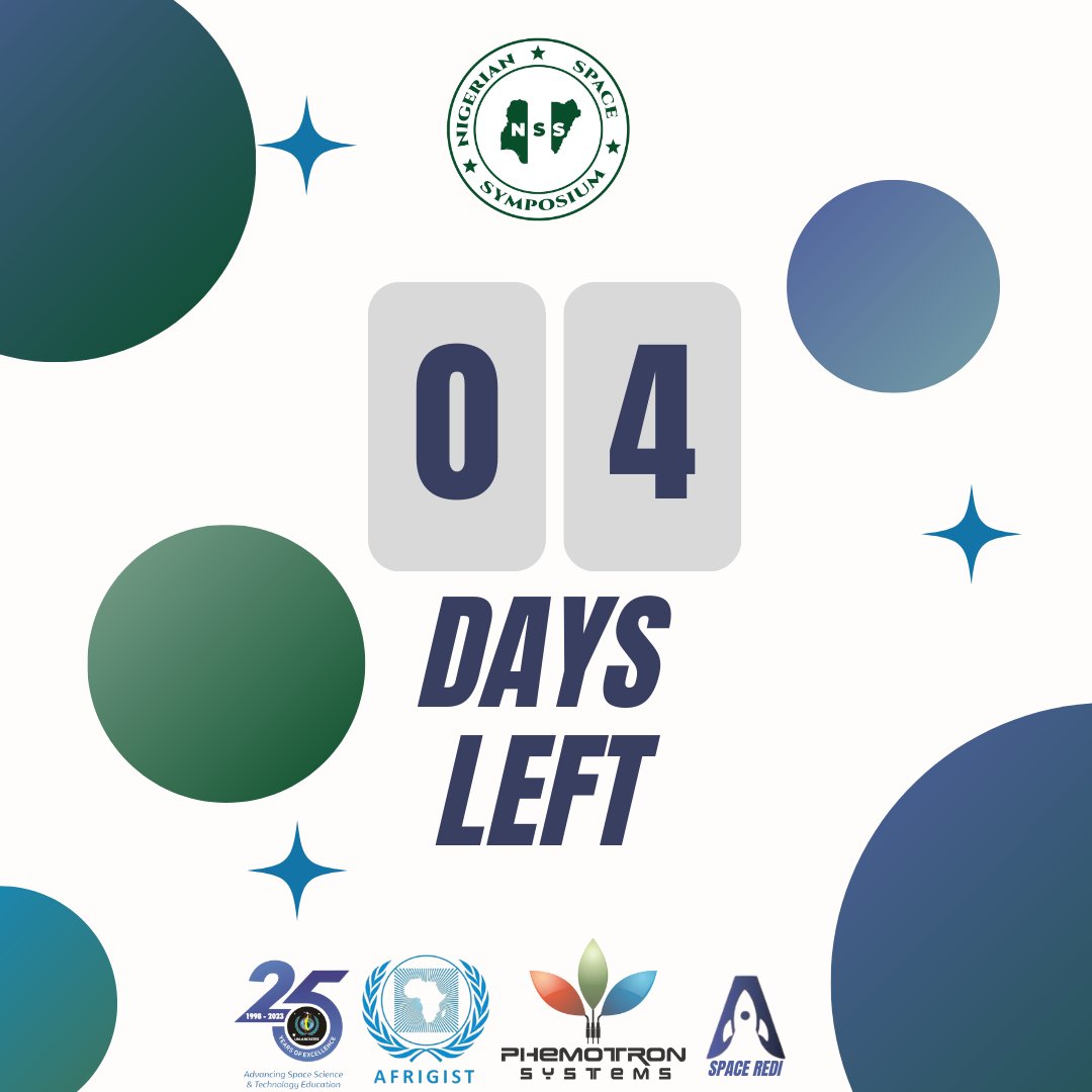 nigss_org's tweet photo. The countdown begins! Just 4 days to go until the Nigeria Space Symposium.
 Join us as we explore the future of space innovation, technology, and development in Nigeria and beyond. Don’t miss this opportunity to connect, learn, and inspire! 🛰️ 
#NigeriaSpaceindustry https://t.co/xt0CHRs2yu