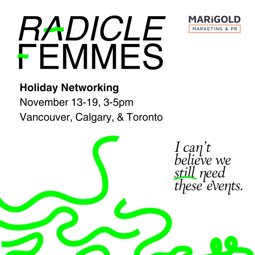Join us for 𝐑𝐚𝐝𝐢𝐜𝐥𝐞 𝐅𝐞𝐦𝐦𝐞𝐬: 𝐇𝐨𝐥𝐢𝐝𝐚𝐲 𝐍𝐞𝐭𝐰𝐨𝐫𝐤𝐢𝐧𝐠 landing in 3️⃣ cities across Canada!

📅 November 13 - Vancouver, BC 
📅 November 14 - Calgary, AB
📅 November 19 - Toronto, ON
3- 5PM, local time. 𝘼𝙡𝙡 𝙖𝙧𝙚 𝙬𝙚𝙡𝙘𝙤𝙢𝙚!

lnk.bio/radiclefemmes