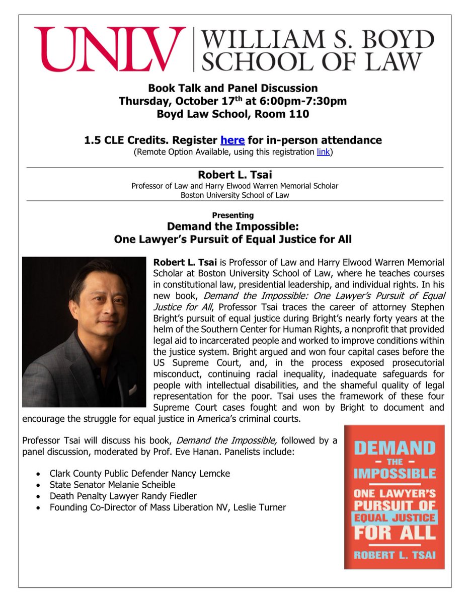 robertltsai's tweet photo. I’m looking forward to this event on Oct. 17 at @BoydLawUNLV about capital punishment in Nevada and around the country. A book signing will follow.
Register for in-person & CLE credit: https://t.co/l3ItUrwXhi
Register for zoom: https://t.co/MabaLq6Nlh
#DemandTheImpossible https://t.co/Q0cYvZbcGK