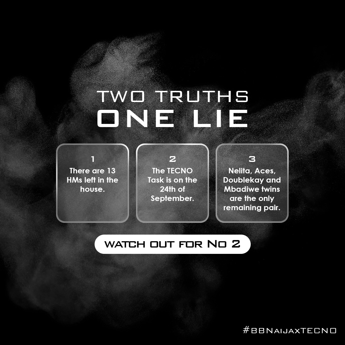 5K for 20 fans who answer the question correctly using #BBNaijaS9xTECNO

Winners will be randomly selected and rewarded across our social media pages.

NB: You must be following us for your answer to be valid.

#TangoWithTECNO 
#BBNaija