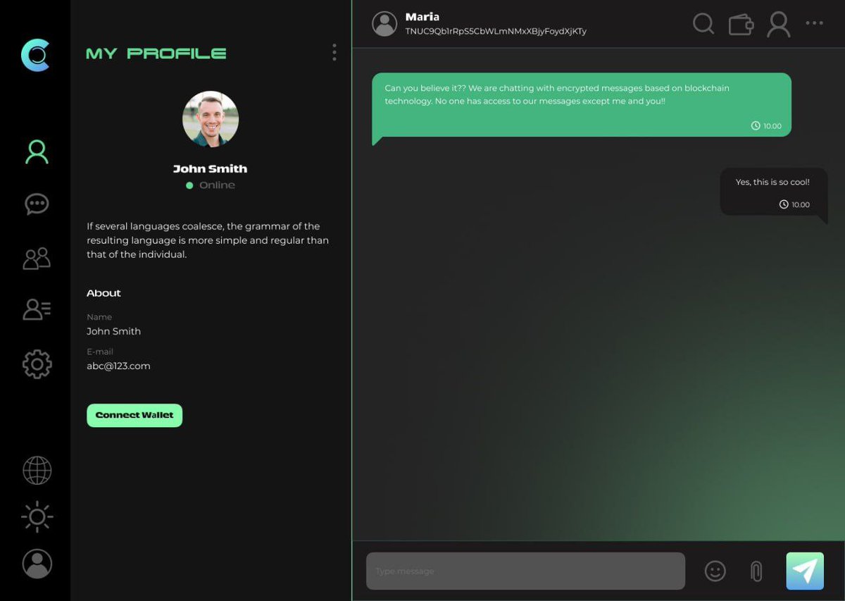 ChatChainApp's tweet image. 𝐔𝐏𝐃𝐀𝐓𝐄 𝐂𝐇𝐀𝐓 𝐂𝐇𝐀𝐈𝐍 

𝐖𝐨𝐫𝐤𝐢𝐧𝐠 𝐚𝐧𝐝 𝐏𝐫𝐨𝐠𝐫𝐞𝐬𝐬𝐢𝐧𝐠 𝐡𝐚𝐫𝐝 𝐞𝐯𝐞𝐫𝐲𝐝𝐚𝐲.

Chat Chain app is decenteralized. It is on blockchain. It is encrypted. 
It has no data from users on traditional servers. users have 100% control of their privacy. 

There…