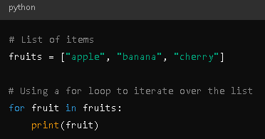 TweetsTecno's tweet photo. In Python, we can use for loops to easily iterate through the items in a list. This is a powerful way to work with data stored in lists. Let's see how. Follow me for more content at https://t.co/4bclnV8Lgm #Python #PythonForBeginners #Coding #LearnToCode #PythonForLoop https://t.co/w73BHGh3SJ
