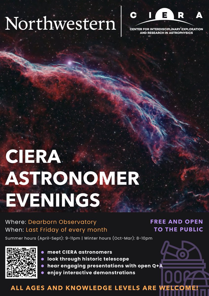 Astronomer Evenings is back (with a fresh new flyer!) this Friday, September 27! Join CIERA researchers for an unforgettable night learning and observing at Dearborn!