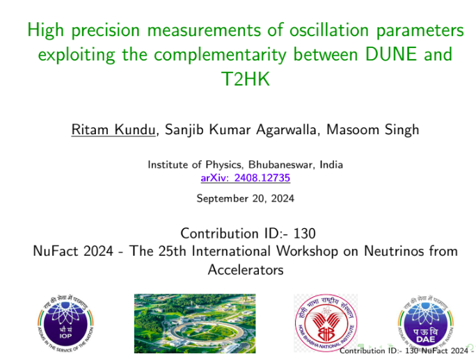 sanjibneutrino's tweet photo. Our group member, Ritam Kundu, gave a parallel talk titled "High precision measurements of oscillation parameters exploiting the complementarity between DUNE and T2HK" at the 25th International Workshop on Neutrinos from Accelerators (NuFact 2024).

https://t.co/ag6aLa3fdO https://t.co/MKmVdRM4gF