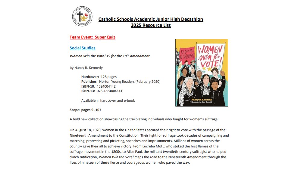 NB_Kennedy's tweet image. I'm honored that the Catholic Academic Junior High Decathlon has included "Women Win the Vote!" in its competition this year. Go teams! As Susan B. Anthony said: "Failure is impossible!" @NYRBooks @WWNortonLibrary @NCEATALK catholicajhd.org nancybkennedy.com