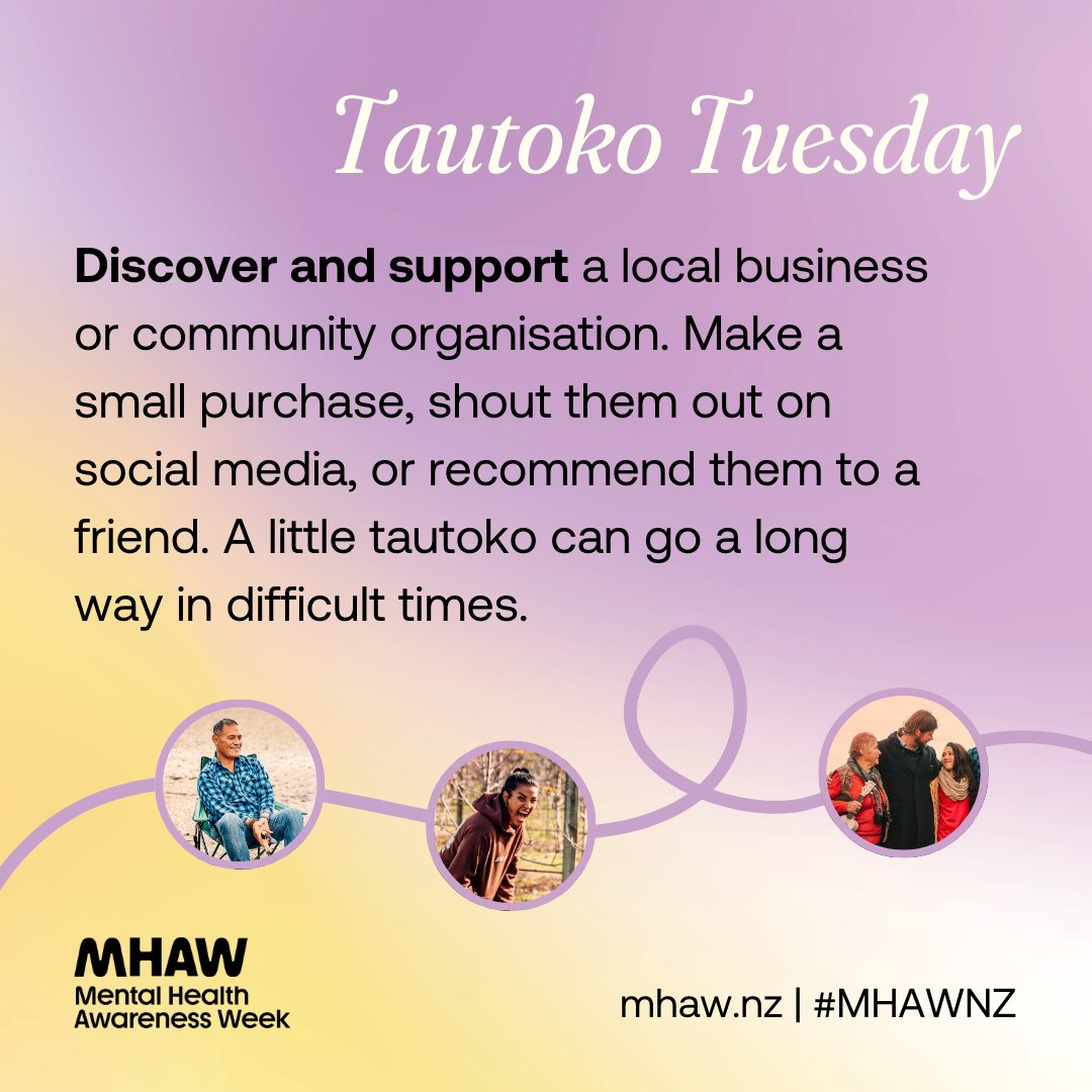 #MHAWNZ Today is Tautoko Tuesday!

How to show tautoko today:

🎁 Clear out that forgotten cupboard and donate toys or clothes to a local charity.

📲 Post about a business or organisation doing amazing mahi in your community.

☕️ Check out a new café or local store you’ve been m