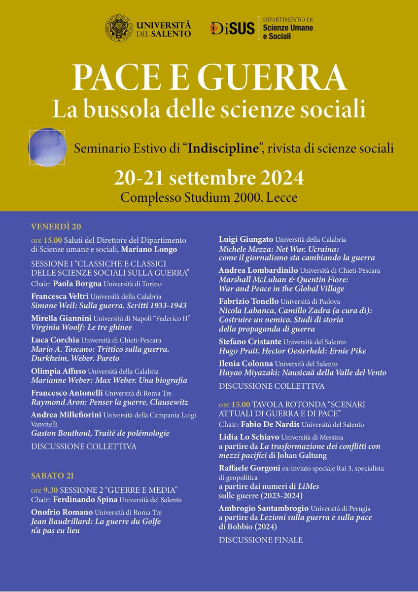 FerdinandoSpina's tweet photo. The conference on peace and war promoted at #Unisalento by the journal #Indiscipline, from a sociological and media studies approach, was an insightful and thought-provoking experience. https://t.co/uWURni5uLP