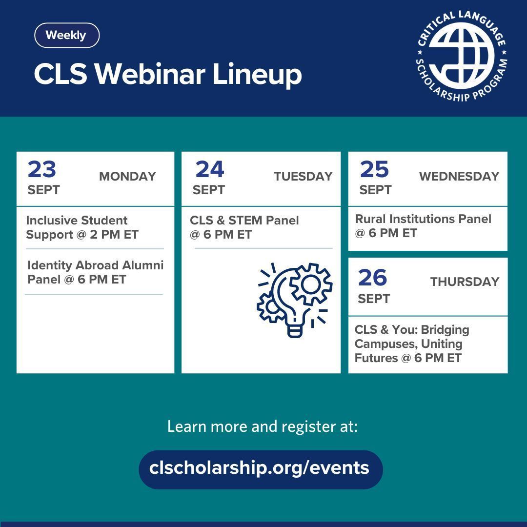 CLS Program (@clsscholarship) on Twitter photo Join our webinars next week to gain insights from CLS alumni and advisors on topics such as applying to CLS as a STEM student or coming from a rural background, before our application opens! First one tonight! buff.ly/3gJfsMp #CLS2025 #ExchangeOurWorld <a href="/ECAatState/">Educational & Cultural Affairs—U.S. Dept. of State</a> Join our webinars next week to gain insights from CLS alumni and advisors on topics such as applying to CLS as a STEM student or coming from a rural background, before our application opens! First one tonight! buff.ly/3gJfsMp #CLS2025 #ExchangeOurWorld <a href="/ECAatState/">Educational & Cultural Affairs—U.S. Dept. of State</a>
