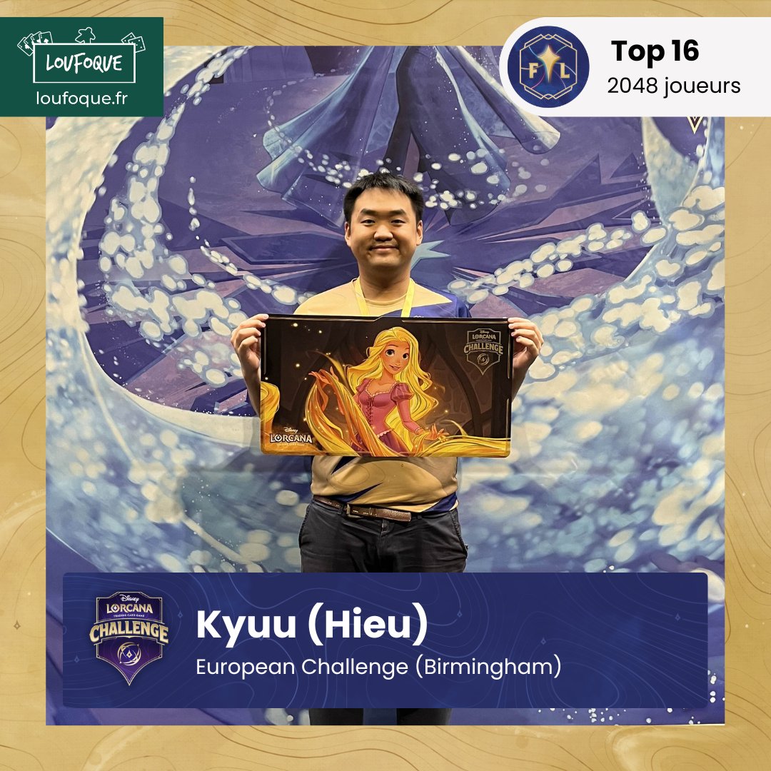 Ce weekend <a href="/kyuu_hotS/">Kyuu 🔜 DLC Ghent</a> a terminé top 16 au Lorcana Challenge de Birmingham et se qualifie donc pour la Coupe d'Europe qui aura lieu au mois de décembre à <a href="/disneylandparis/">Disneyland Paris</a> 🎉 #lorcana #disney #tcg #tournoi #cards #lorcanatcg #disneyfrance #tournament #challenge
