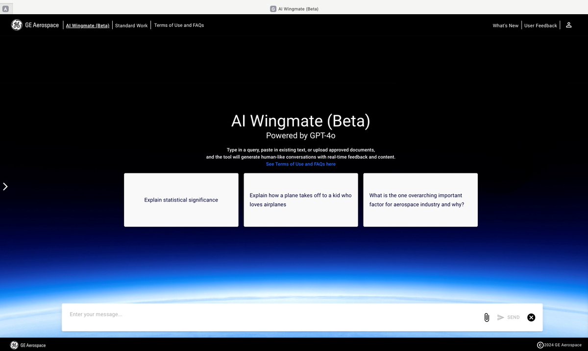 GE_Aerospace's tweet photo. At GE Aerospace, every employee has an AI Wingmate. Developed in partnership with Microsoft, this new generative AI platform is changing the way we work. 

See our  announcement to learn more 🔗 https://t.co/ZRT3K0zmAy https://t.co/R0L4C2KkQy