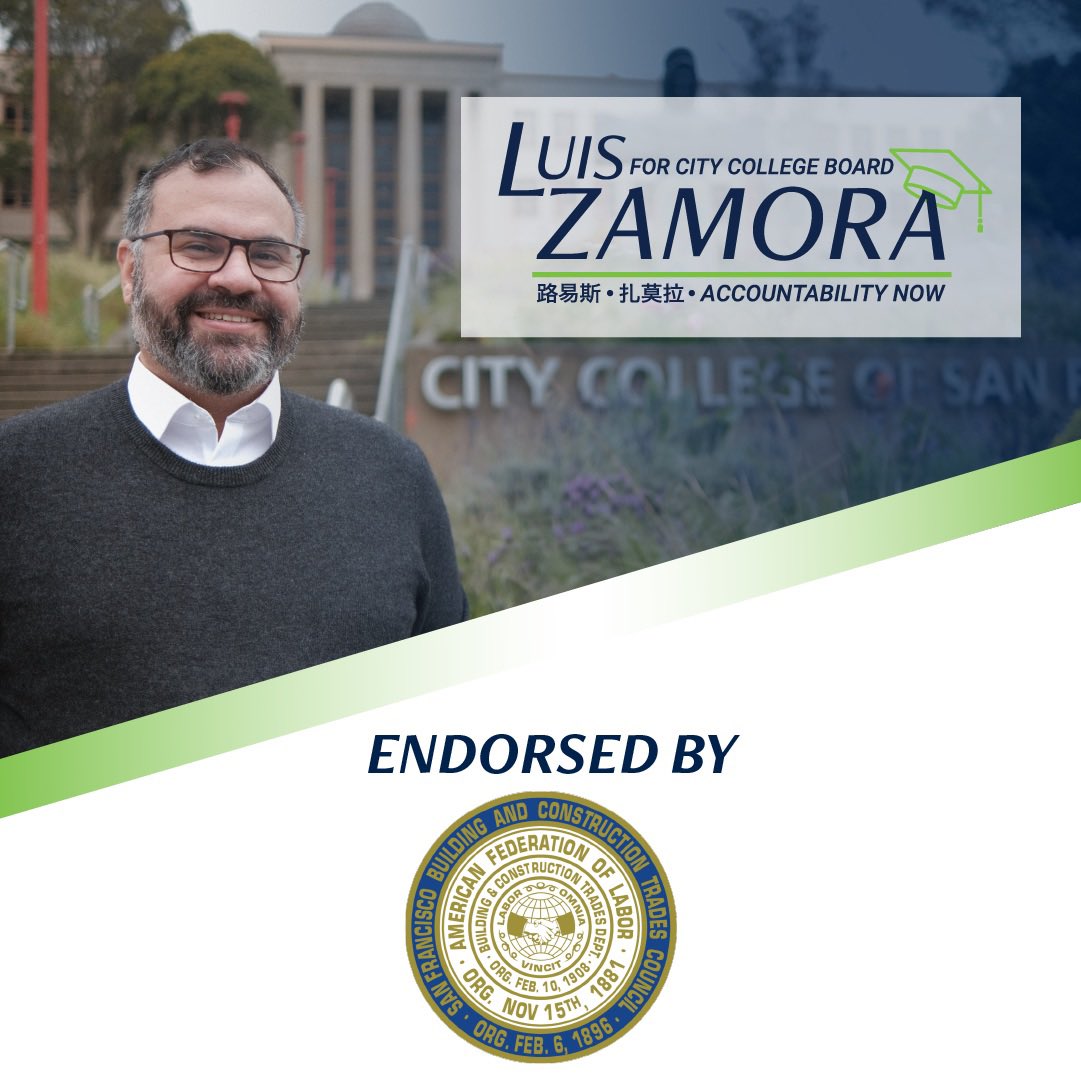Luis A. Zamora 雷嘉華 (@luis_a_zamora) on Twitter photo Honored to announce the endorsement from the <a href="/TradesSf/">SFBuildingTrades #webuildSF #sftrades</a> for my CCSF campaign! I look forward to working with them to ensure strong building and construction pipelines for years to come! Honored to announce the endorsement from the <a href="/TradesSf/">SFBuildingTrades #webuildSF #sftrades</a> for my CCSF campaign! I look forward to working with them to ensure strong building and construction pipelines for years to come!