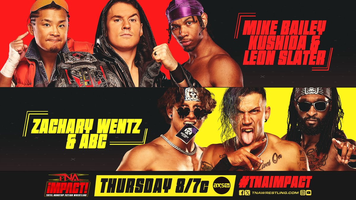 ThisIsTNA's tweet image. THURSDAY at 8/7 on #TNAiMPACT! 

#KUSHIDA, @SpeedballBailey and @LEONSLATER_ vs. @The_Ace_Austin, &amp;amp; @ZacharyWentz!