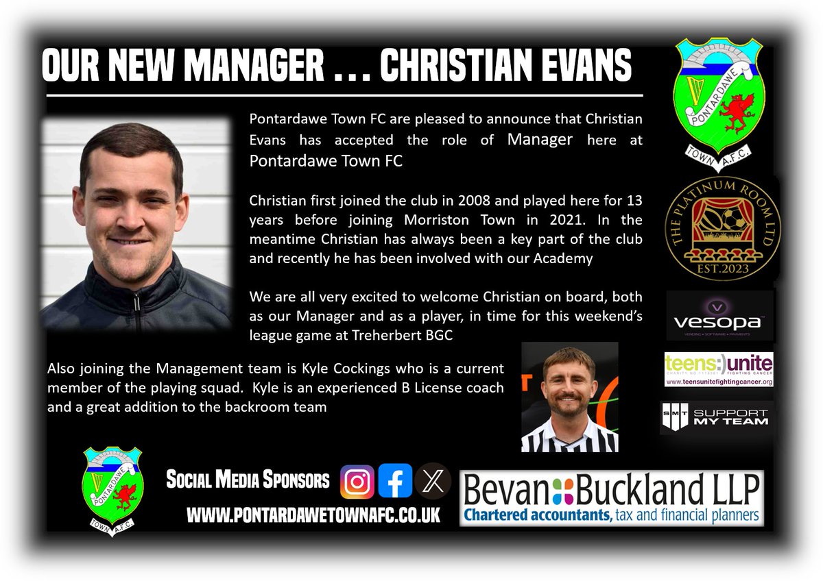 Pontardawe Town FC (@pontardawetown) on Twitter photo We are excited to report from Parc Ynysderw tonight that <a href="/Chris91Evans/">Christian Evans</a> has accepted the role of Manager here at Pontardawe Town
🖤🤍 #TheGaffer #UppaPonty We are excited to report from Parc Ynysderw tonight that <a href="/Chris91Evans/">Christian Evans</a> has accepted the role of Manager here at Pontardawe Town
🖤🤍 #TheGaffer #UppaPonty