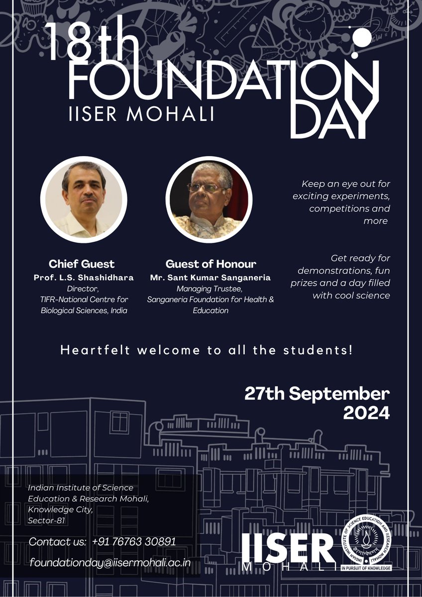 Foundation_Day_'s tweet image. IISER Mohali is all geared up to celebrate its 18th Foundation Day! A day full of exciting demonstrations, fun competitions and cool science awaits for school students from across the tri-city!